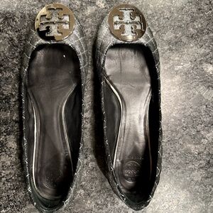 Tory Burch Ballet Plaid Check Criss Cross - Women size 10M, Silver, Gray